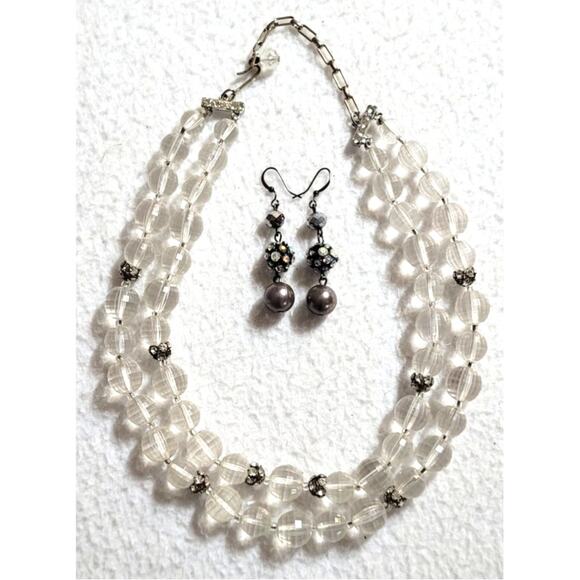 Vtg Clear Faceted Beaded 2 Strand 16-18" Necklace Hook Clasp Pierced Earrings - Picture 1 of 5